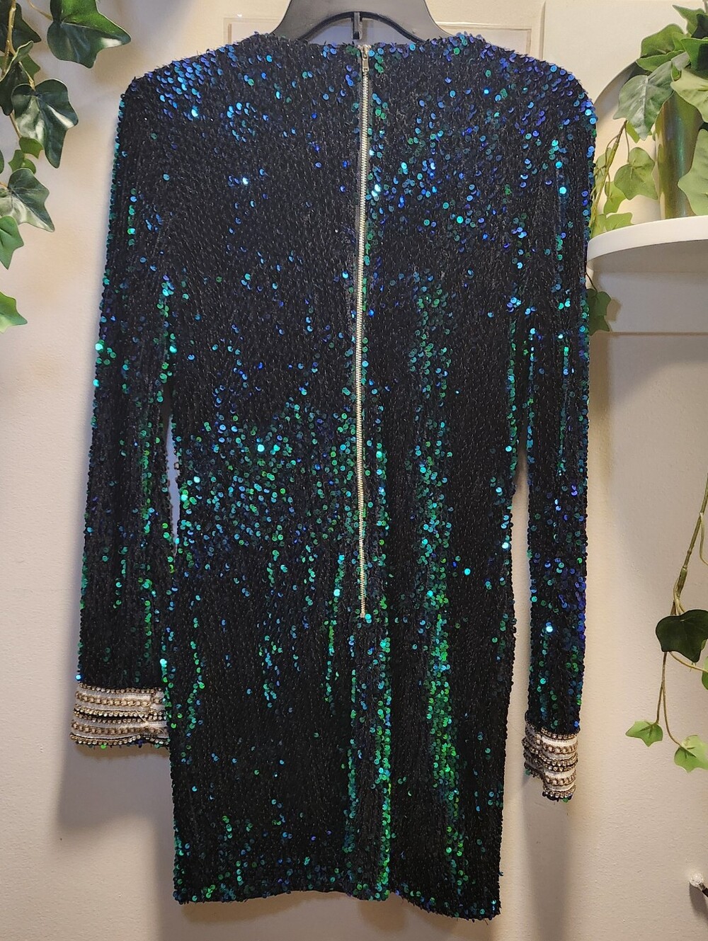 Sequined Black & Emerald Long Sleeve Dress with Embellished Trim - Picture 2 of 8